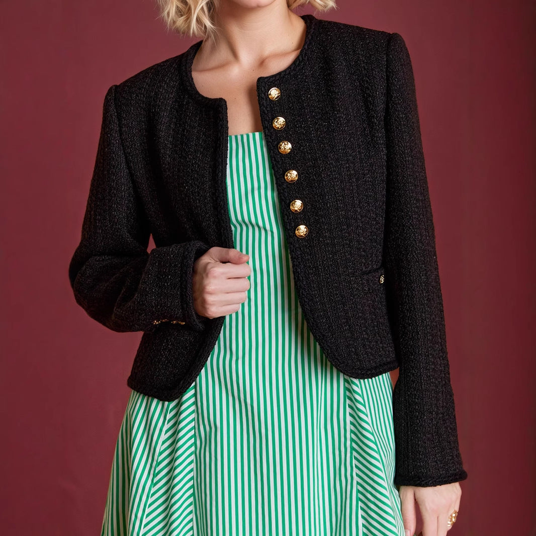 Women's Round Neck Long Sleeve Classic Style Tweed With Metal Blouses