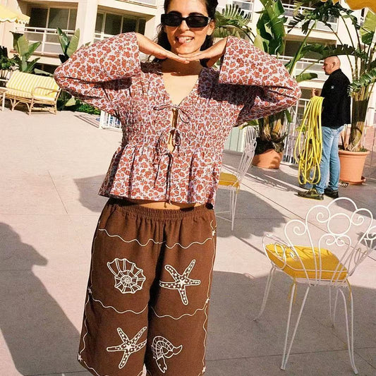 Women's French Style Shirt Summer Pastoral Floral Bow Waist Long Blouses