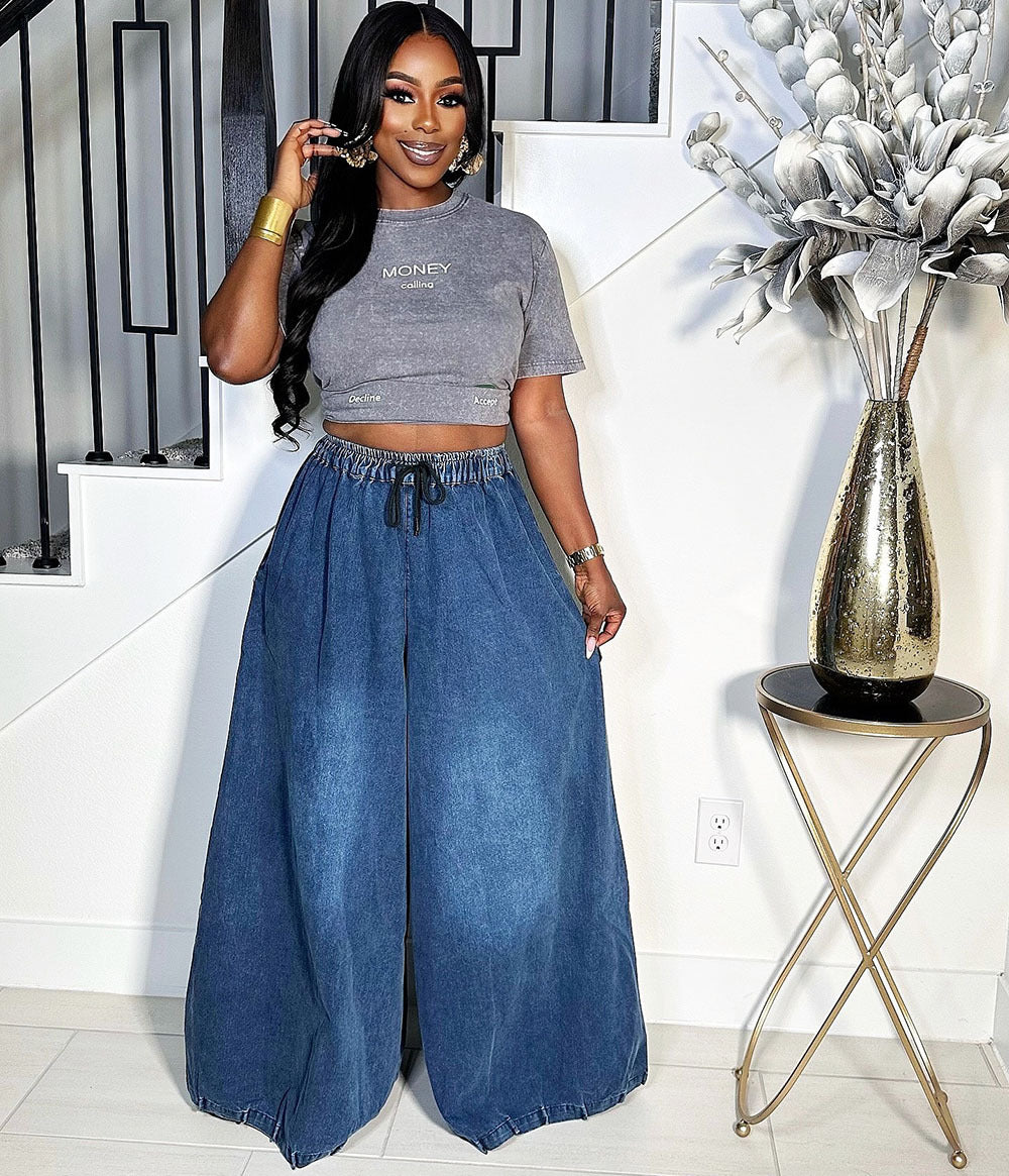 Women's Loose Street Casual Elastic Waistband Wide Jeans
