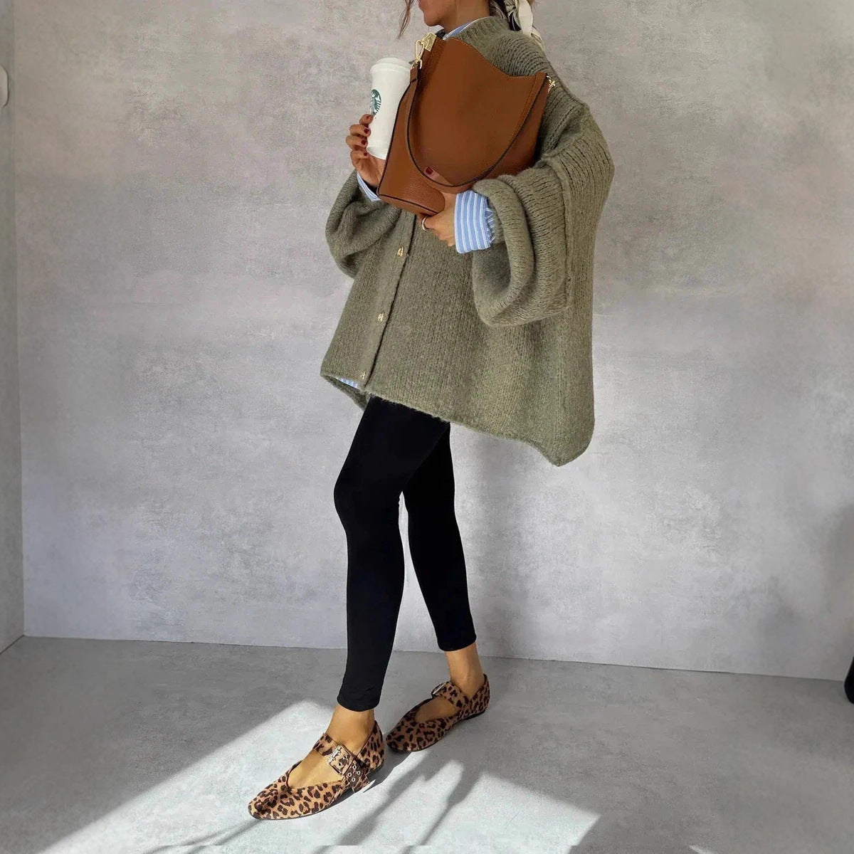 Solid Color Casual Style Button Large Cardigans