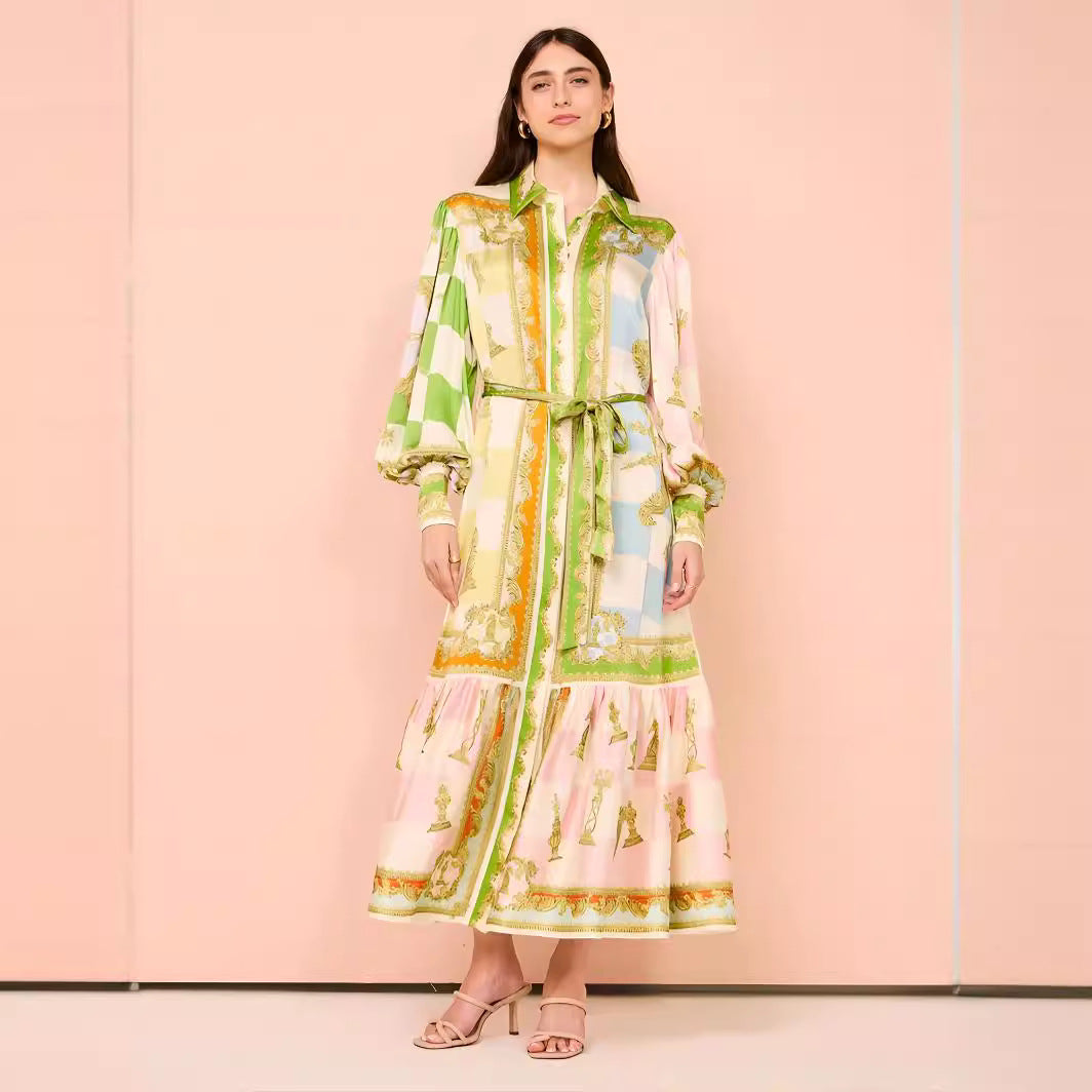 Single-breasted Long Lantern Sleeve Iti Printing Dresses