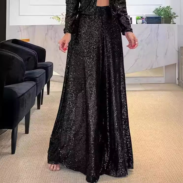 Elegant Commuter Everyday Style Pure Color Sequins Wide Pants