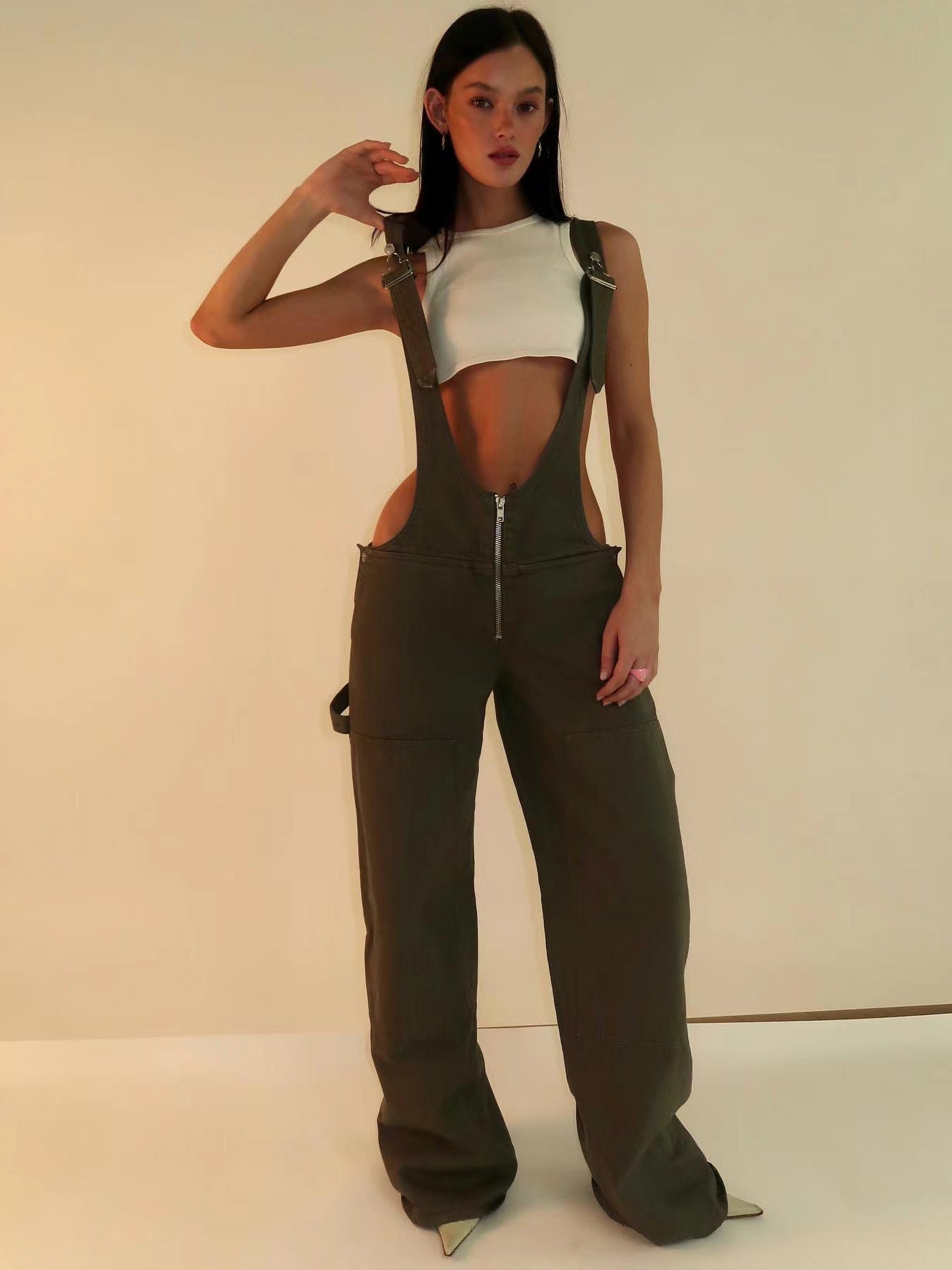 Street Style Low Waist Strap One-piece Wide Leg Summer Jeans