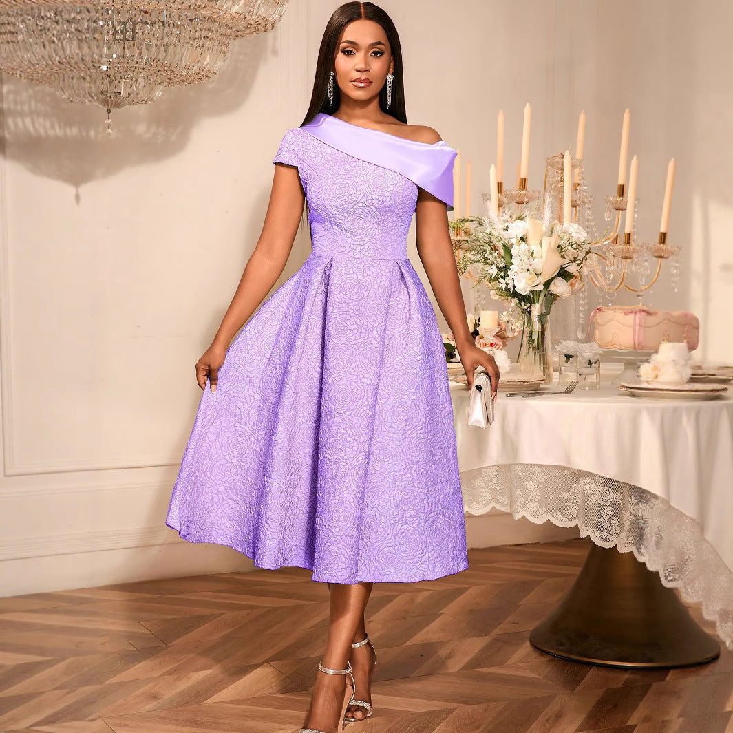 Contrast Color Sloping Shoulder Dress Banquet Dresses