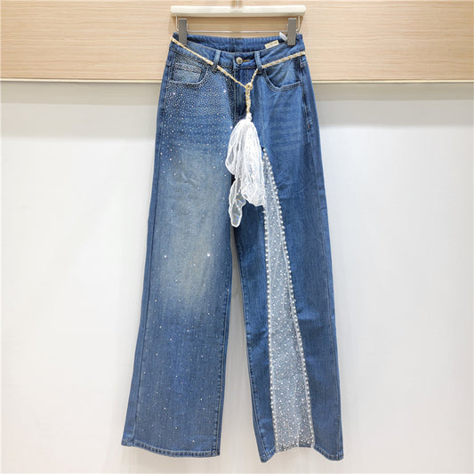 Women's Stitching Rhinestone Summer Korean Style High Jeans