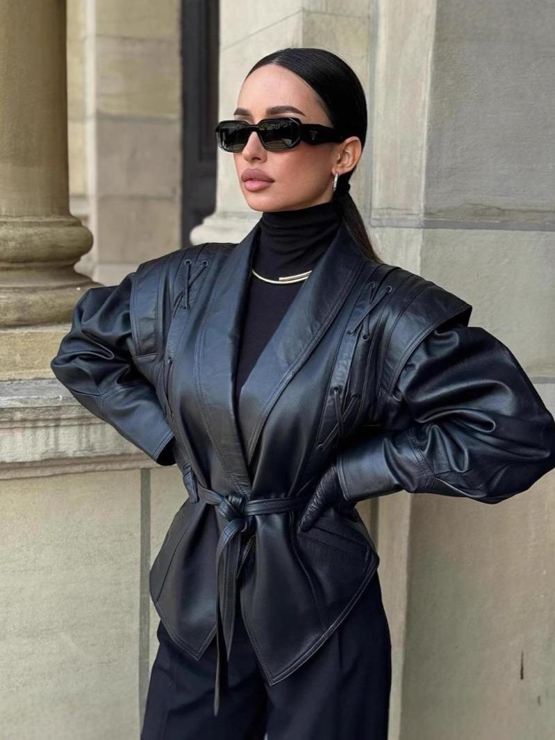 Women's Winter Retro Lace Up Leather Casual Jackets