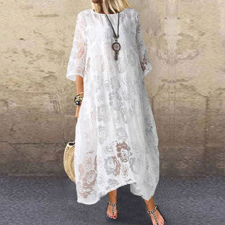 Round Neck Sleeve Lace Long Dress Shorts