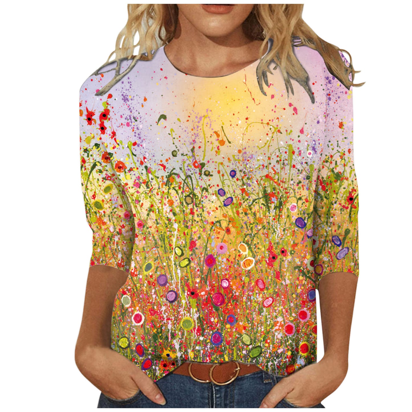 Women's Round Neck Long Sleeve Loose Print Blouses