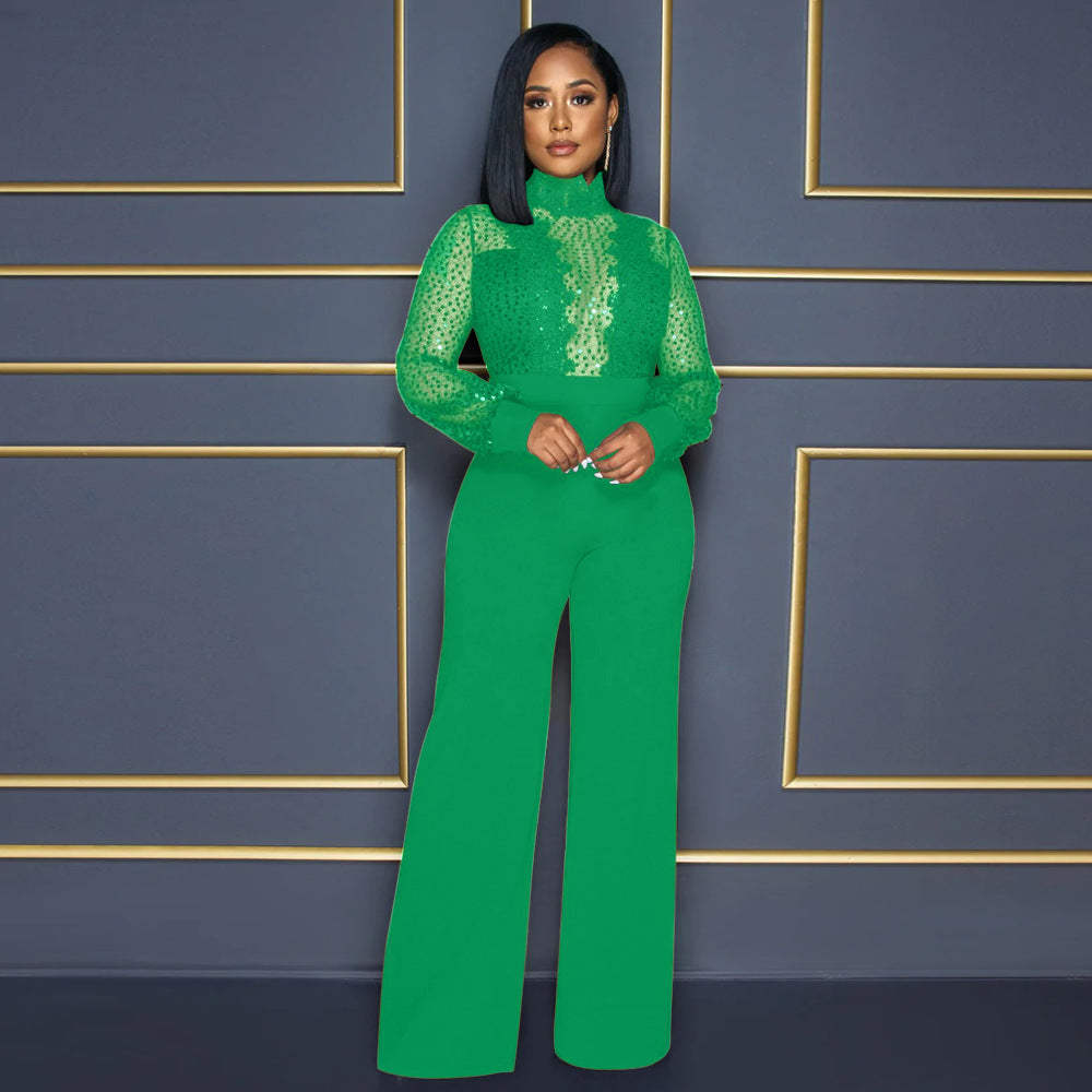Women's Party Style Turtleneck Sequin Lace Long Pants