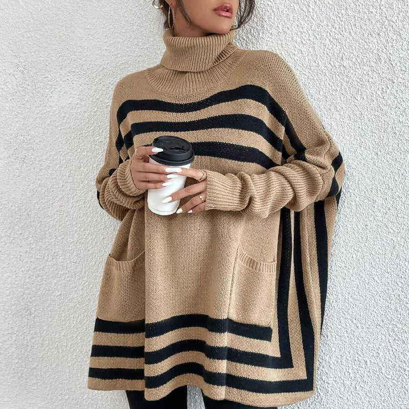 Women's Knitted Turtleneck Striped Batwing Sleeve Cape Coats