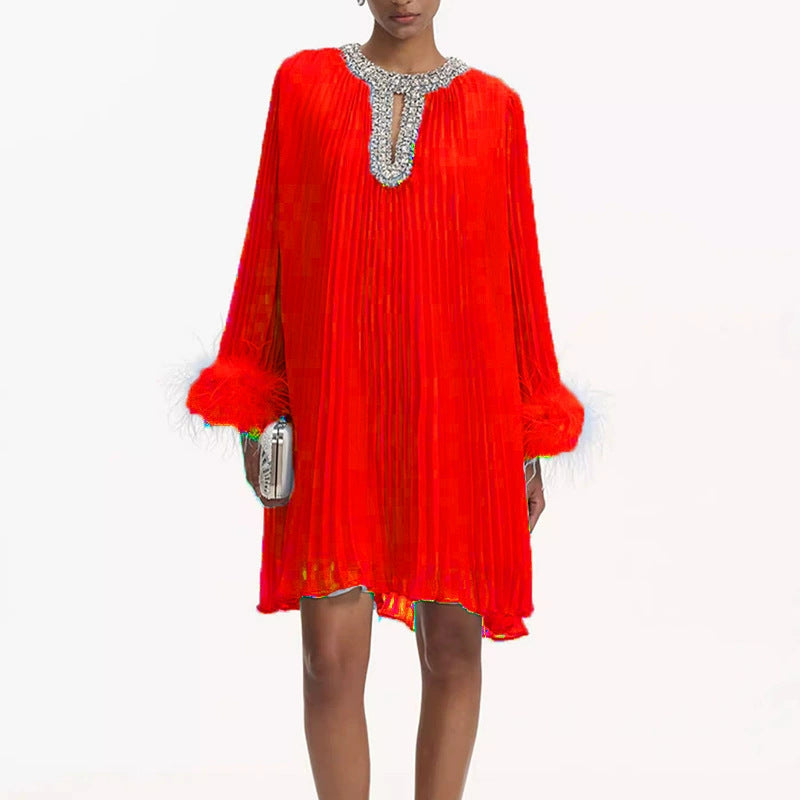 Women's Australian Fashion Beaded Feather Sleeve Long Autumn Hollow Pleated Dresses