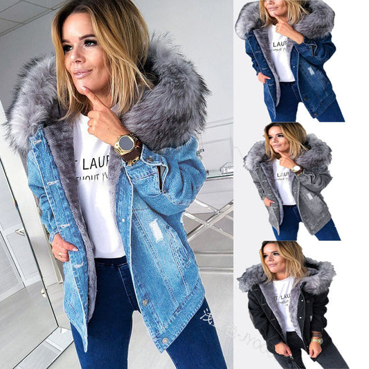 Women's Unique Cashmere Fur Collar Denim Coats