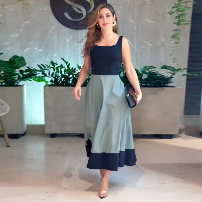 Women's Summer Shoulder Strap Color Stitching Casual Dresses