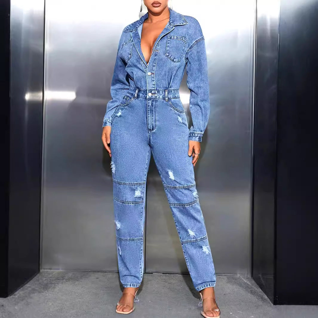 Women's Casual Slim Fit Bodysuit Ripped Denim Jumpsuits