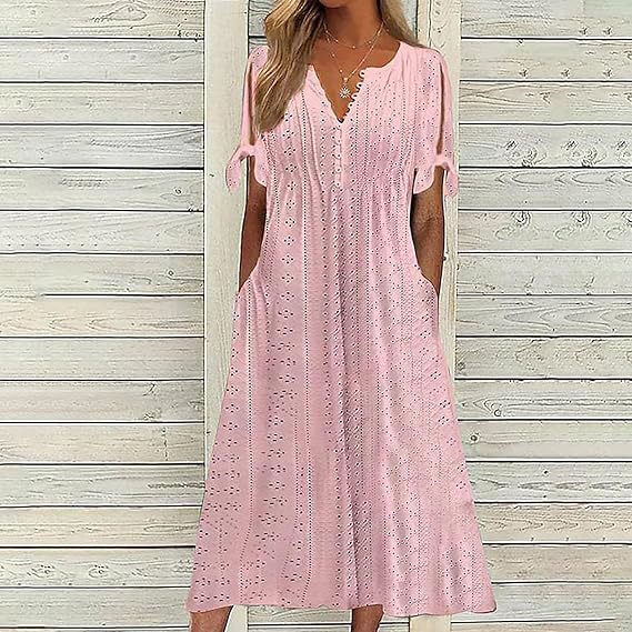 Women's Single Breasted Cuff Knotted Sleeve Eyelet Dresses