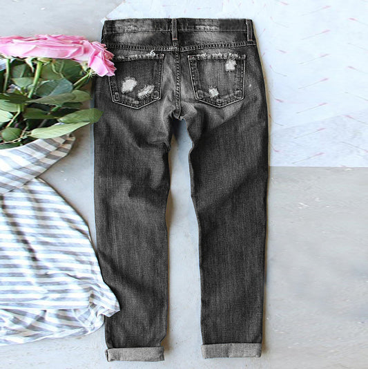 Women's High Waist Loose Trousers Frayed Printed Jeans