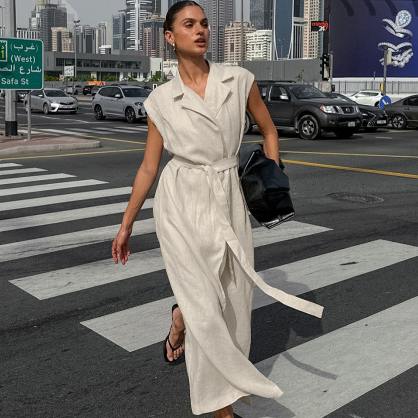 Style Temperament Cotton Linen Collar Belt Skirts