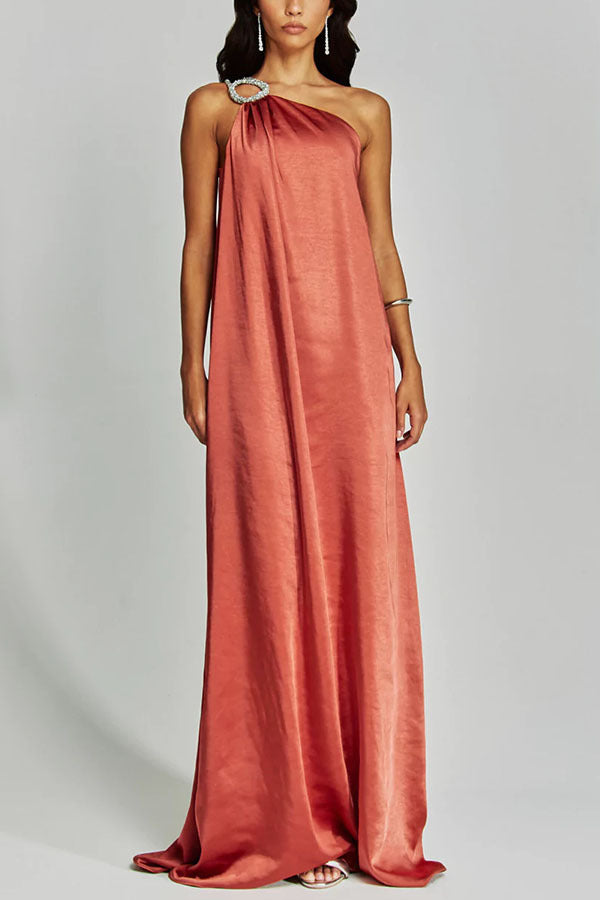 Satin Slant Shoulder Long Dress Loose Dresses