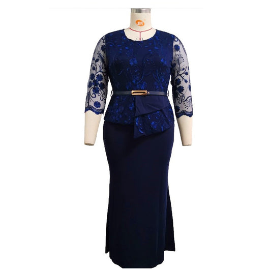 Women's African Autumn Lace Stitching Dress Long Plus Size