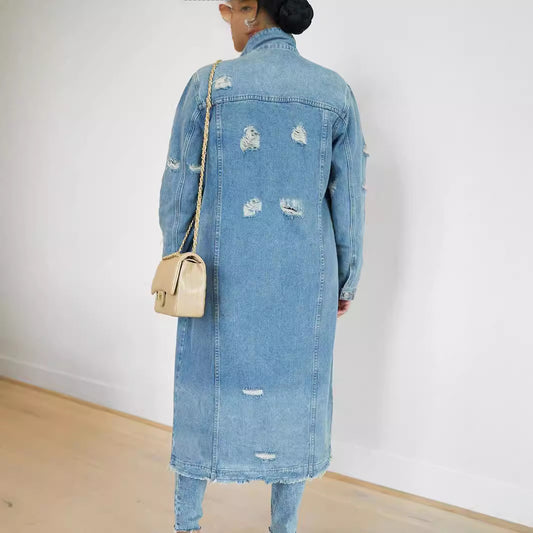 Women's Ripped Denim Real Pocket Long For Jackets