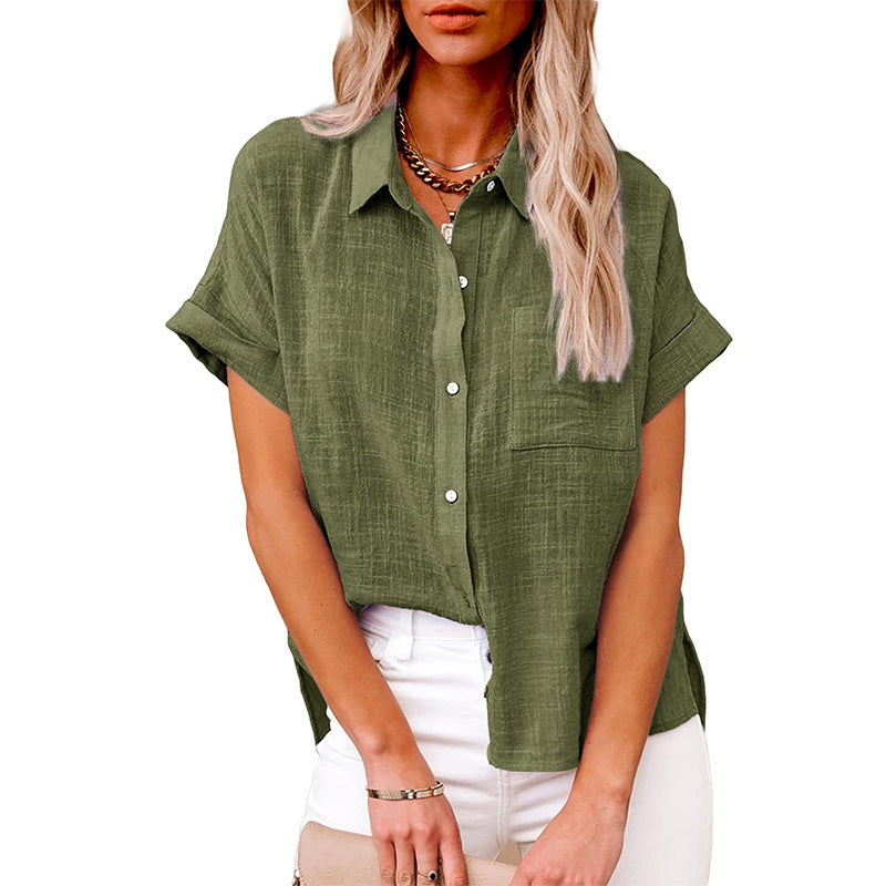 Women's Cotton Linen Pocket Button Sleeve Blouses