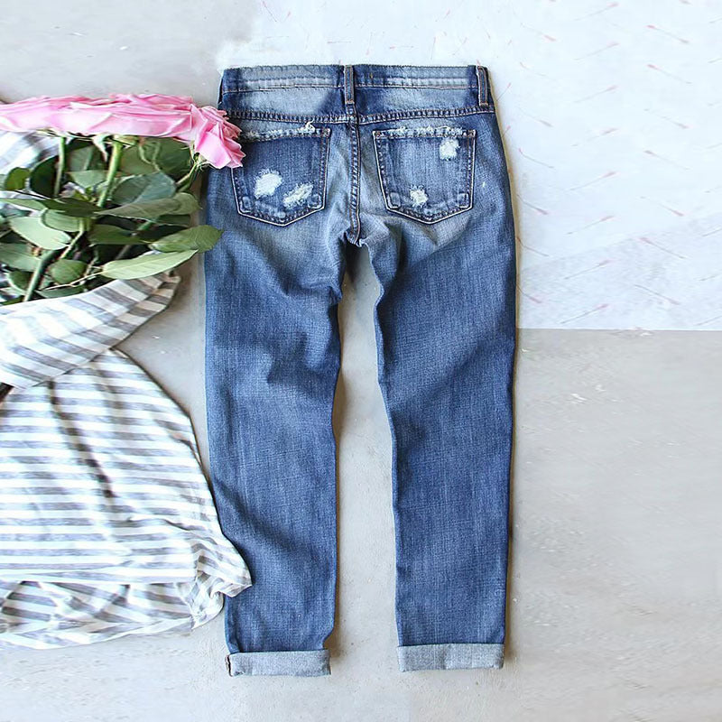 Women's Fashion Mid Waist Ripped Print Baggy Jeans