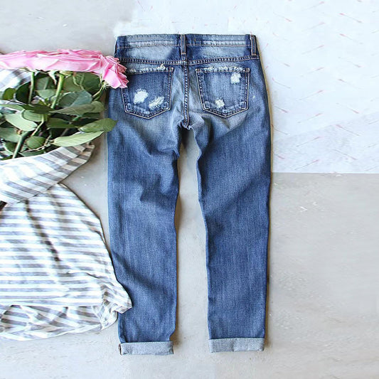 Women's Fashion Mid Waist Ripped Print Baggy Jeans