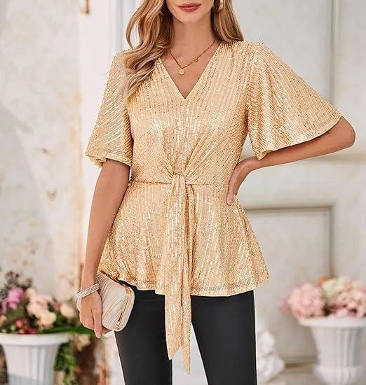 Women's Outline Tie Front Flare Sleeve Glitter Bruce Tops
