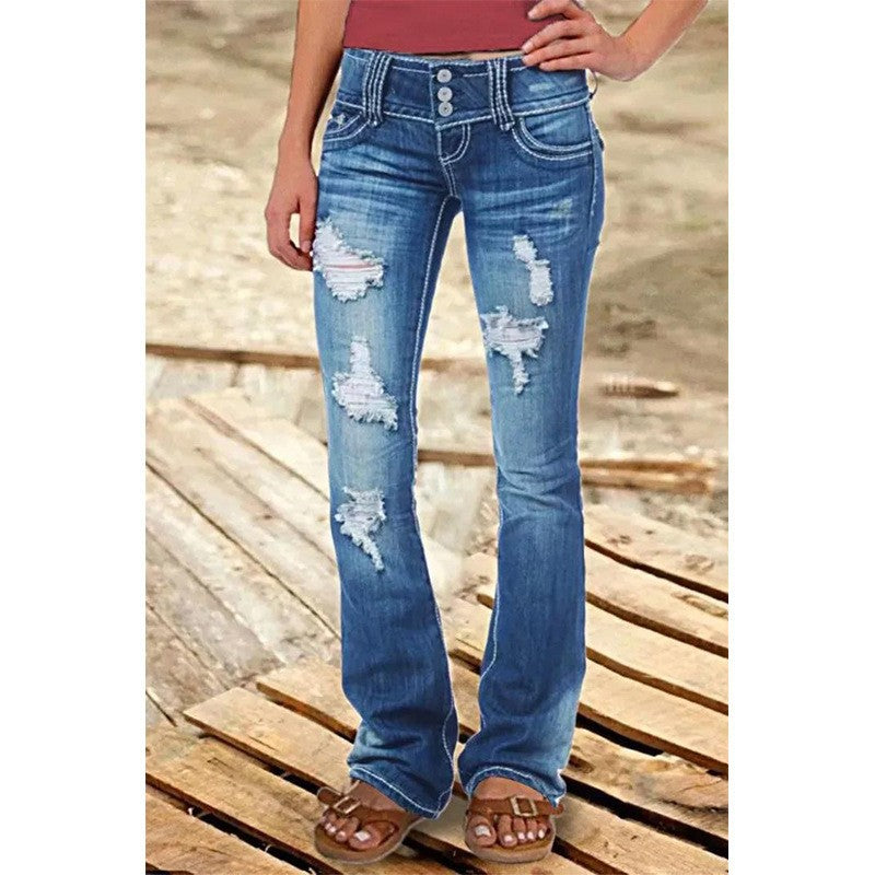 Denim Vintage Low Waist Ripped Button Jeans