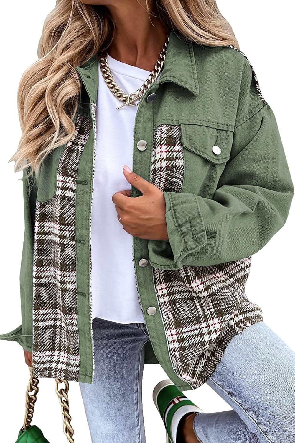 Denim Long Sleeve Plaid Button-down Shirt Jackets