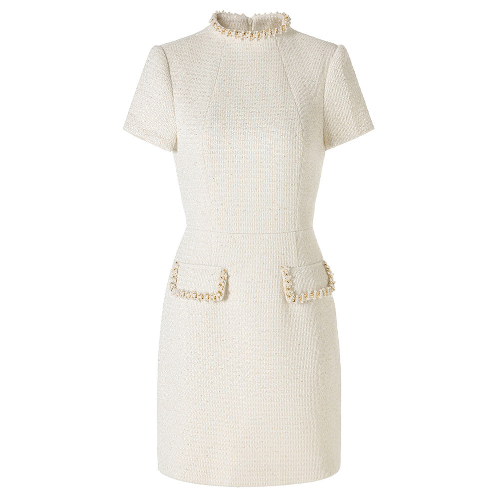 Beige Beaded Small Stand Collar Sleeve Elegant Dresses