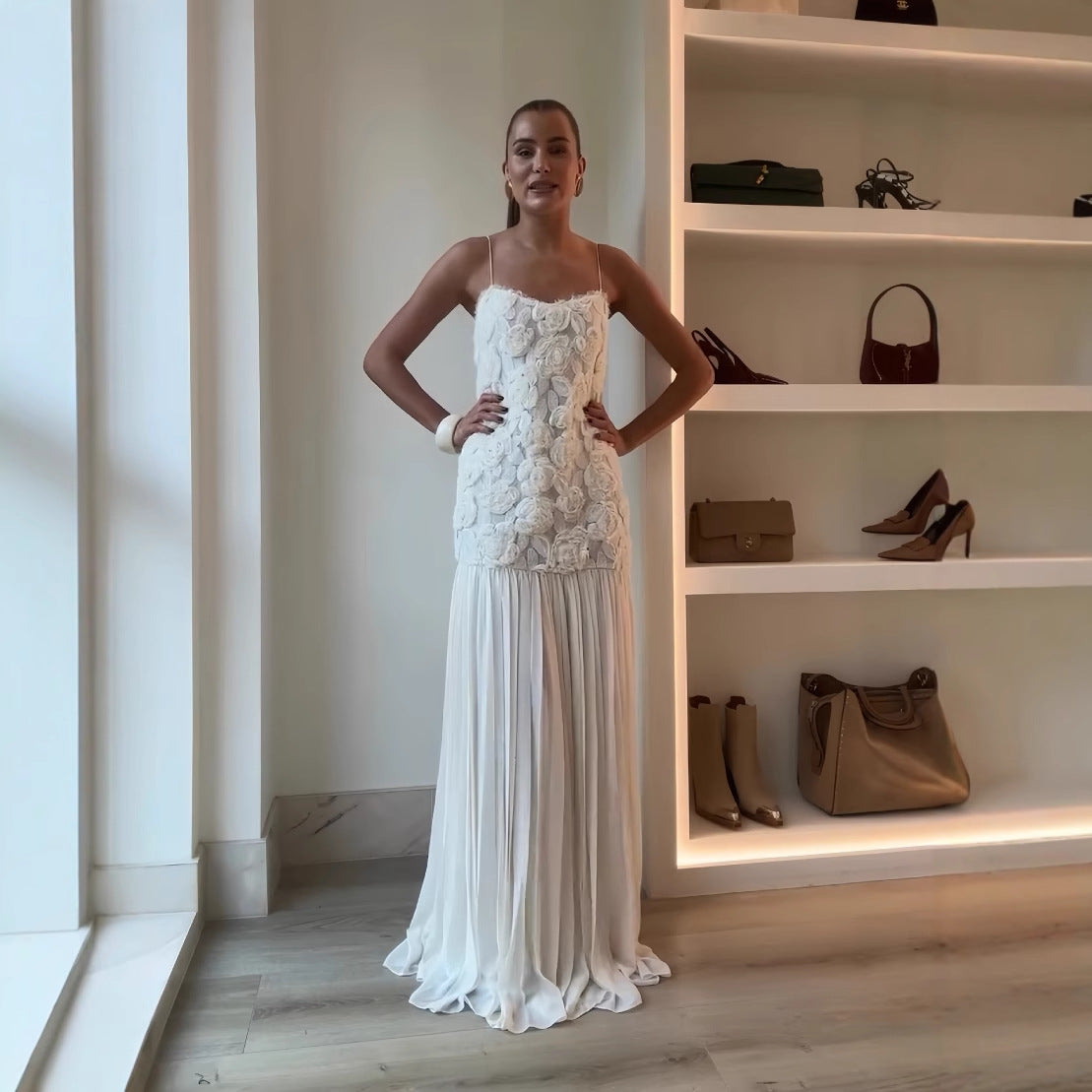 Women's Three-dimensional Rose Decorative Ruffled Splicing Sling Dresses