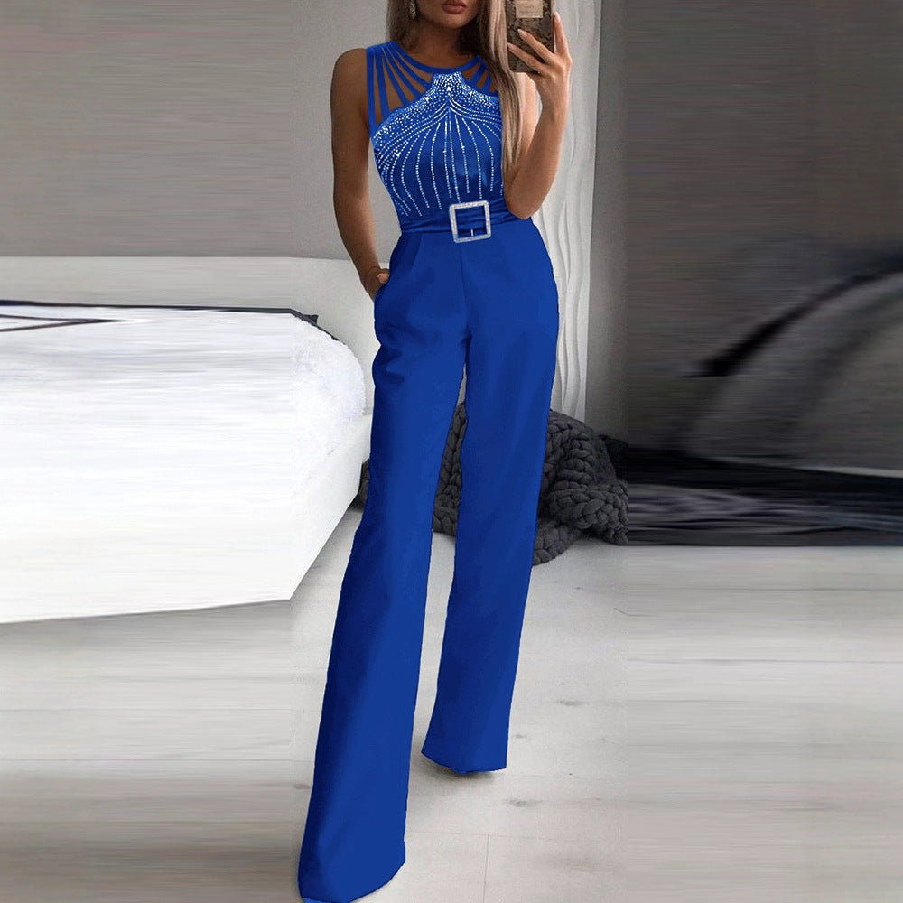 Black Rhinestone Sexy Sleeveless Fitted Waist Pants
