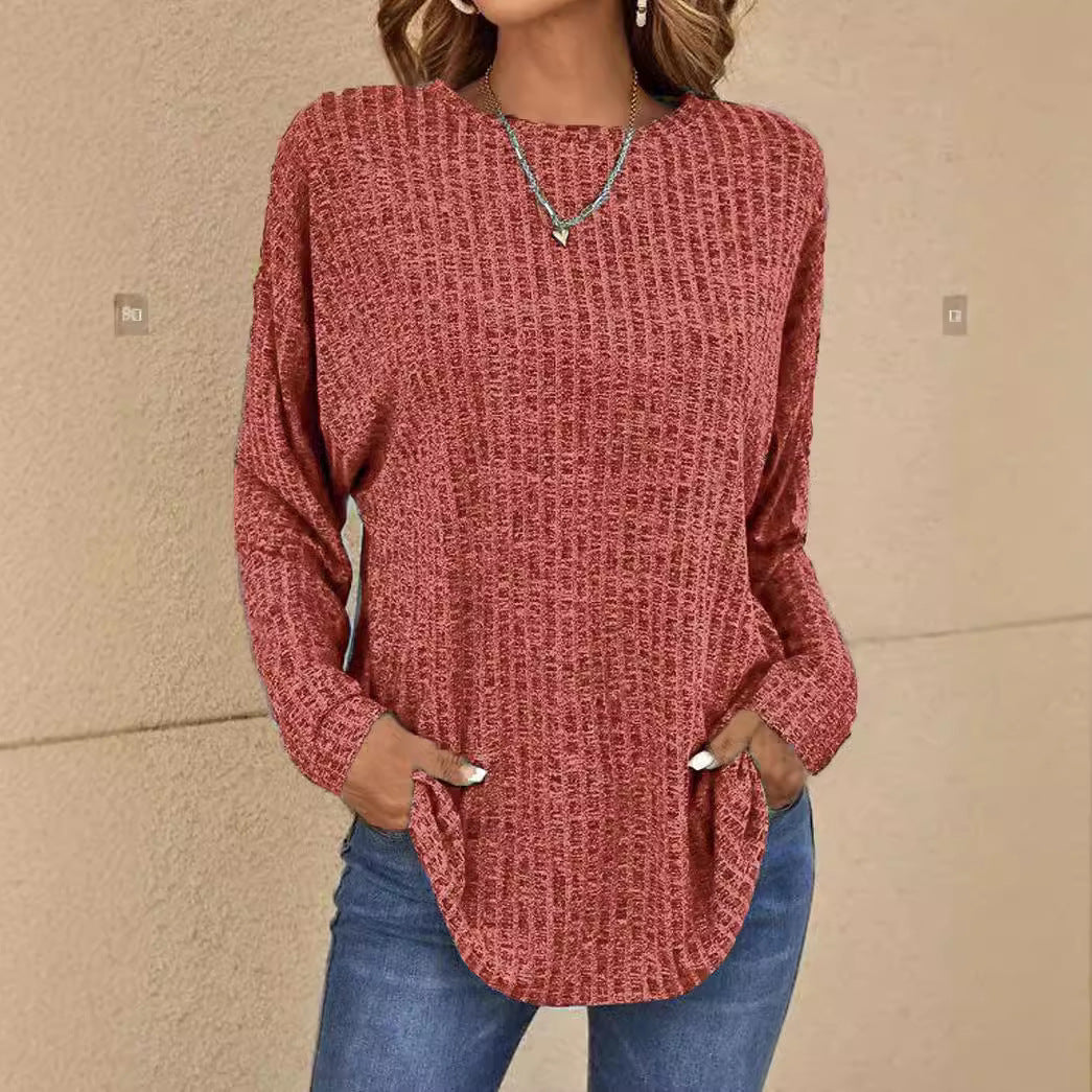 Women's Long Sleeve Round Neck Sunken Stripe Blouses