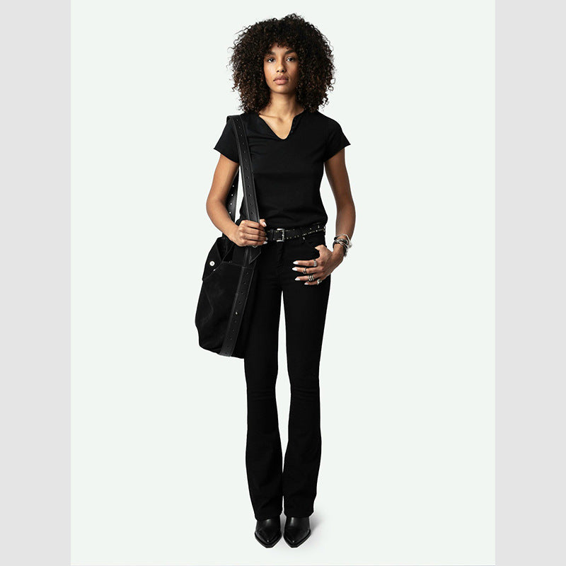 Women's French Niche Letters Flocked Printed Black Blouses
