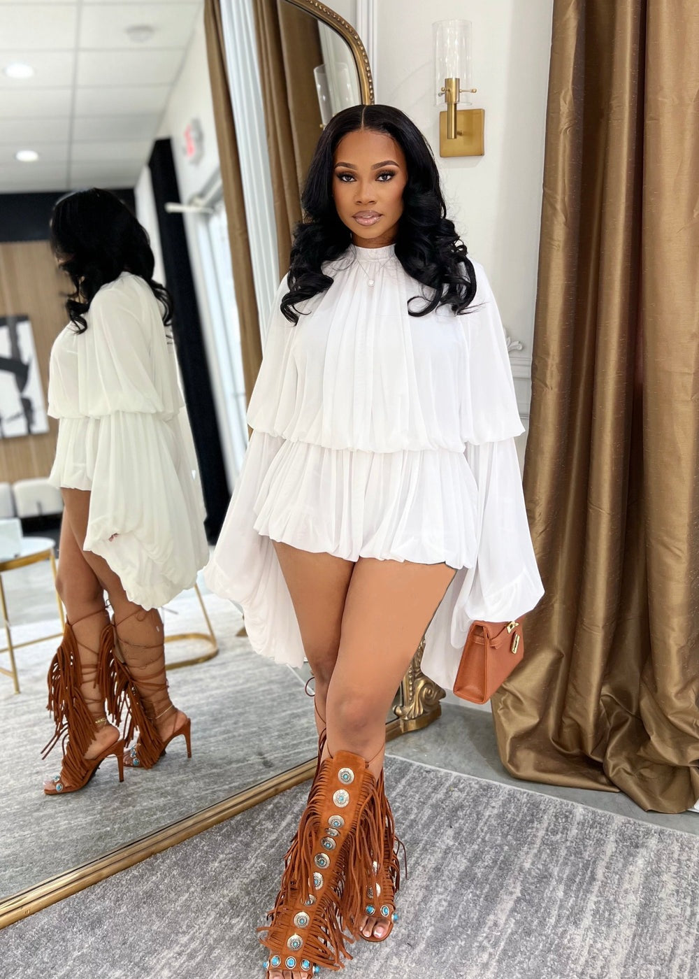 Women's Casual Style Round Neck Lantern Sleeve Jumpsuits