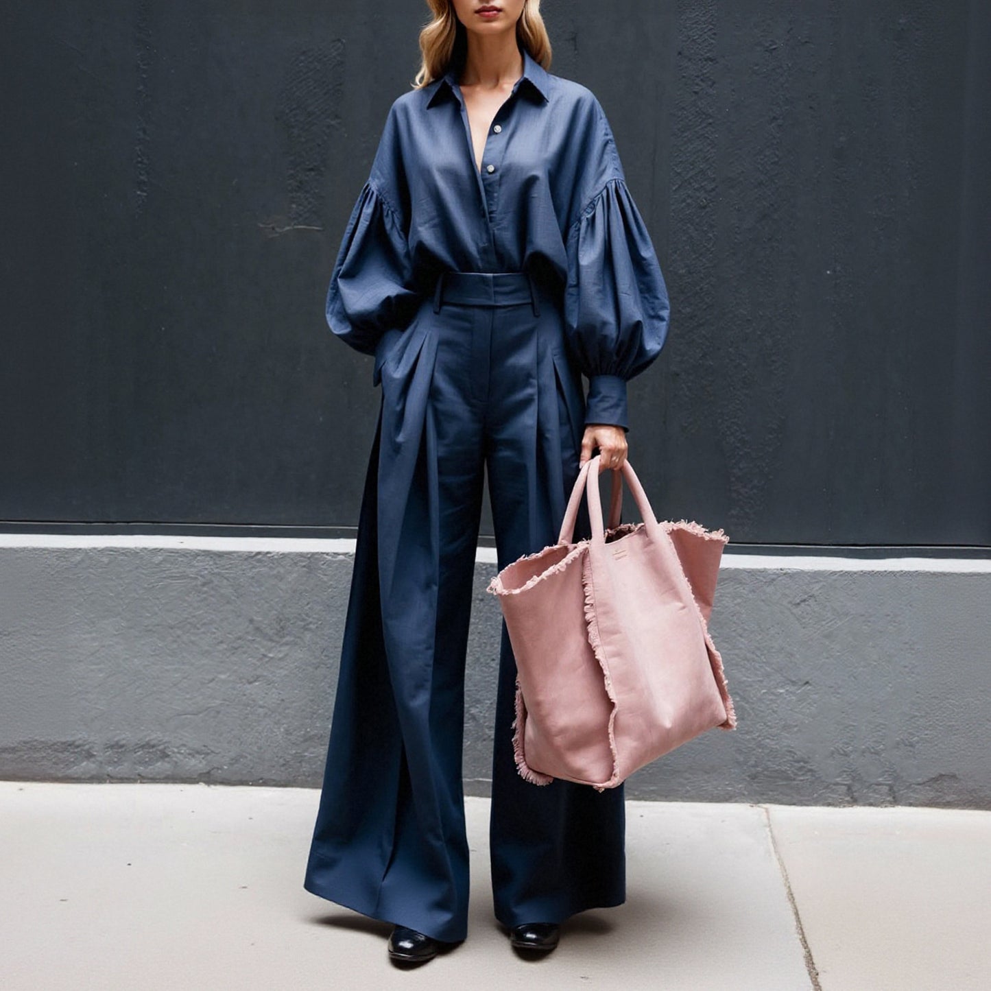 Solid Color Long Sleeve Shirt Wide Leg Cotton Fashion Casual Suit