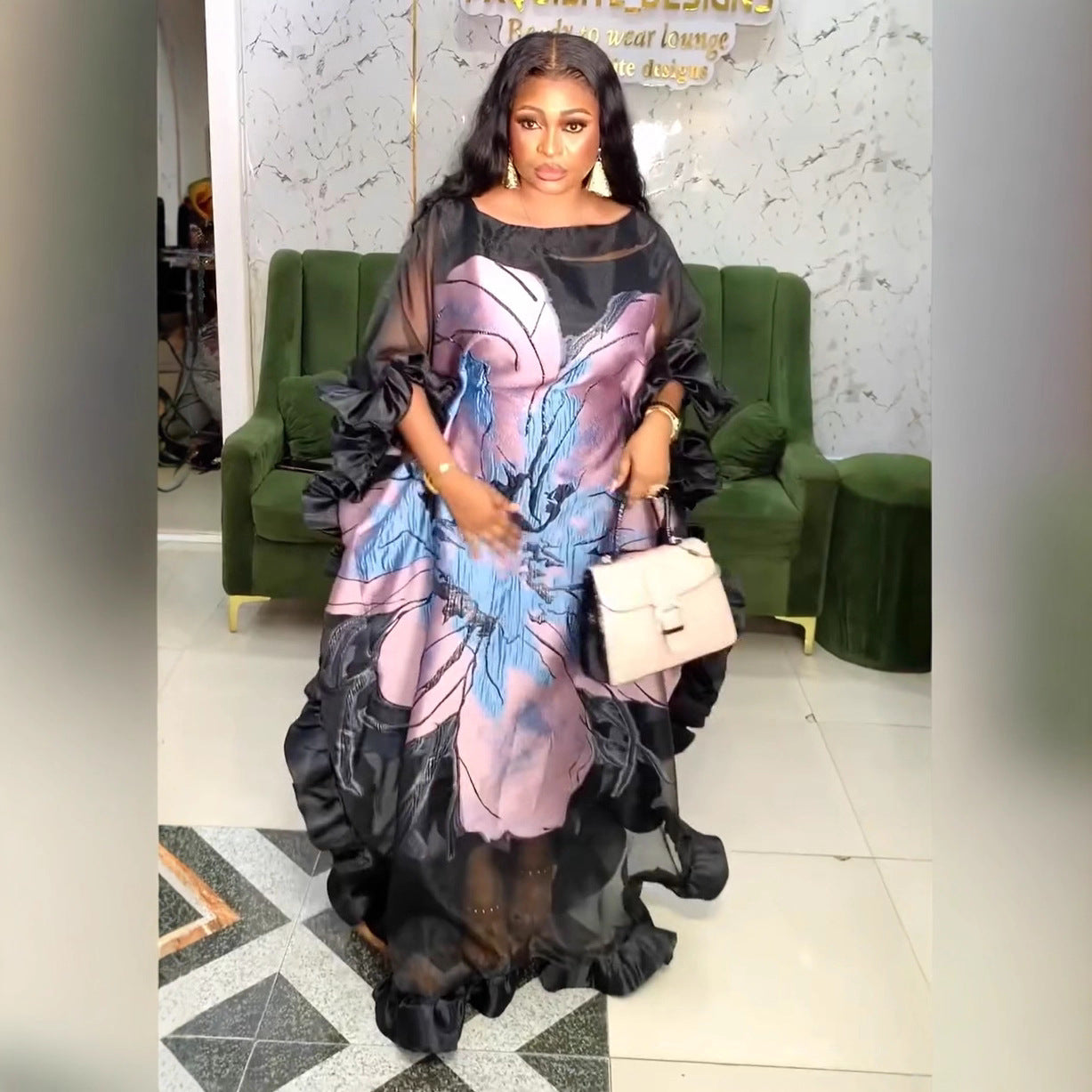 Women's African Wear Organza Dress Printed Robe Dresses