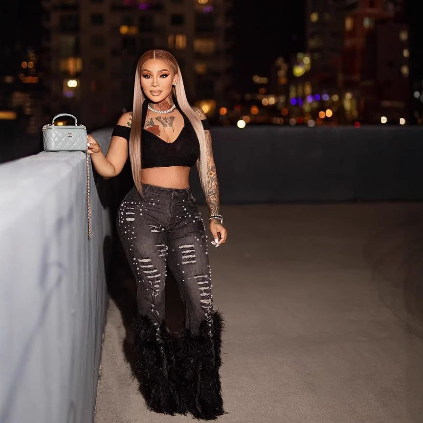 Classy Stretch Pearl Vintage Embellished Feather Jeans