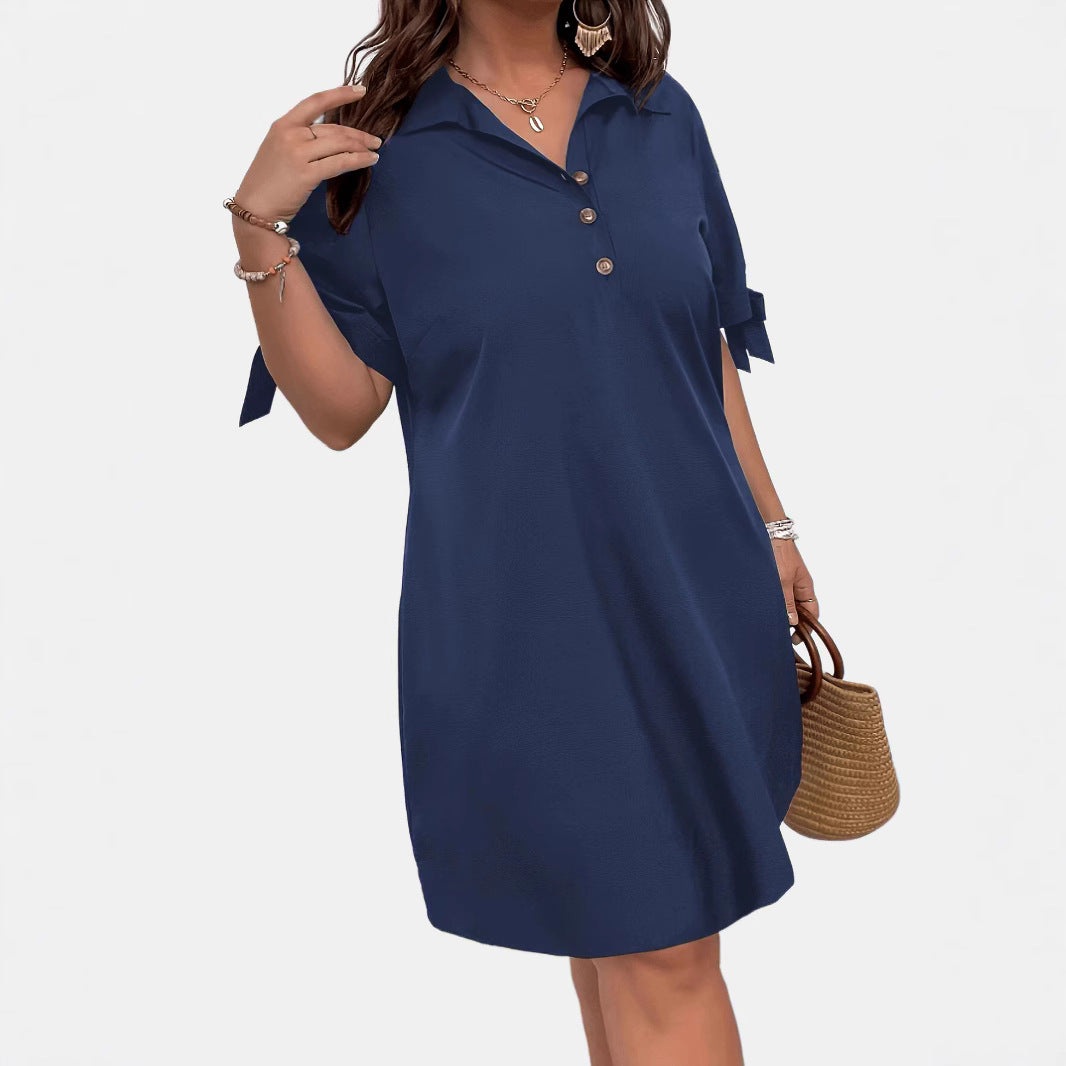 Polo Collar Solid Color Bow Sleeve Temperament Leisure Dresses