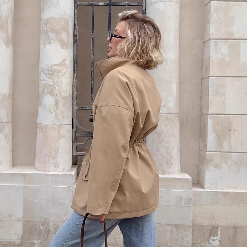 Women's Style Drawstring Trench Fashion Khaki Waist Coats
