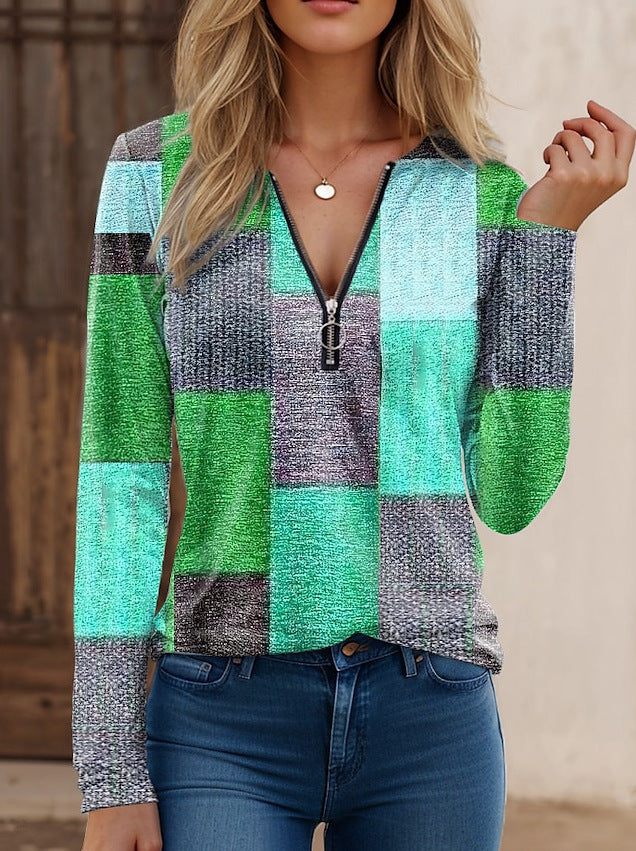 Women's Fashion Casual Loose Printed Zipper Cashmere Blouses