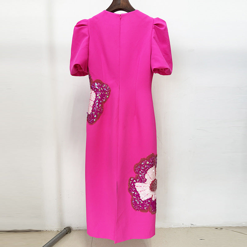 Fashion Bead Sequined Three-dimensional Flower Short-sleeved Dresses