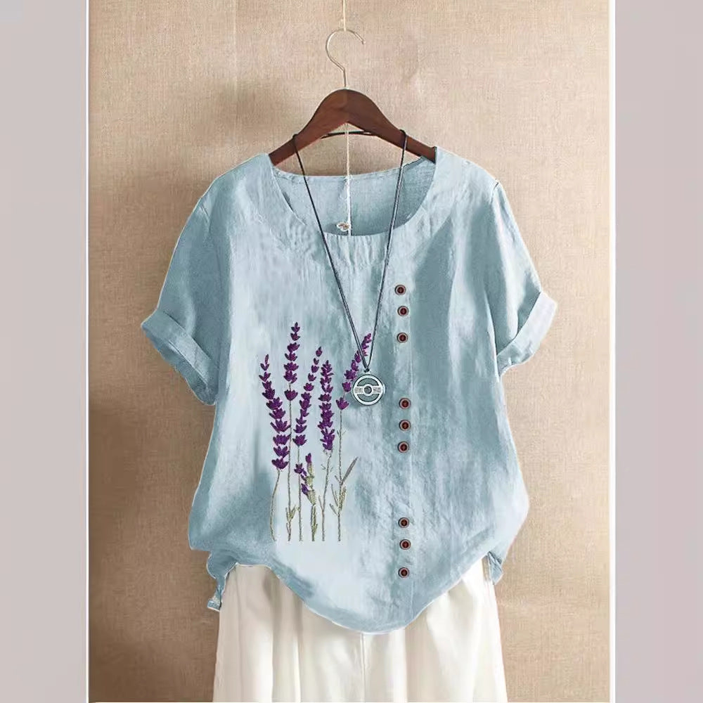 Women's Fresh Printed Round Neck Sleeve Fastener Blouses