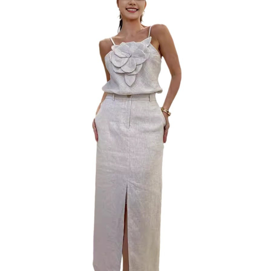 Women's Three-dimensional Flower Sling Pocket Temperament Cotton Suits