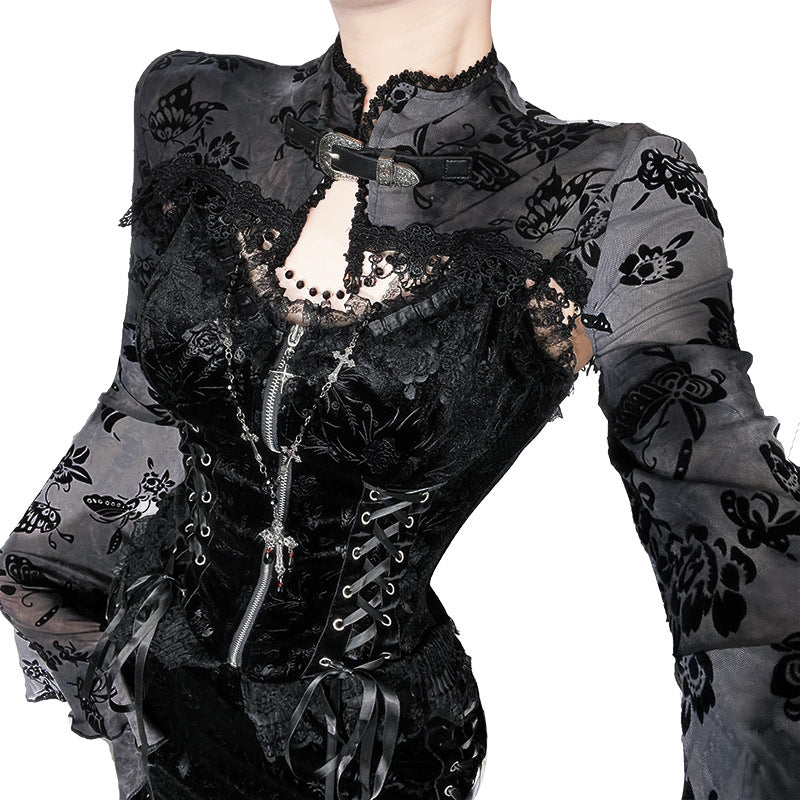 Women's Dark Gothic Style Flocking Pattern Shawl Blouses