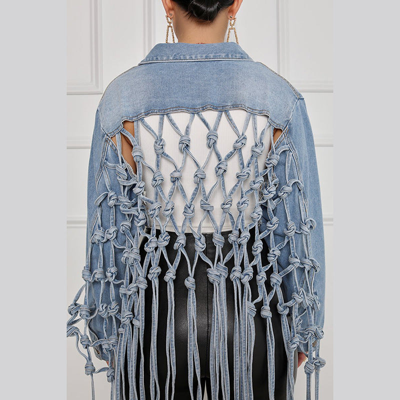 Knitted Belt Denim Blue Washed Loose Jackets