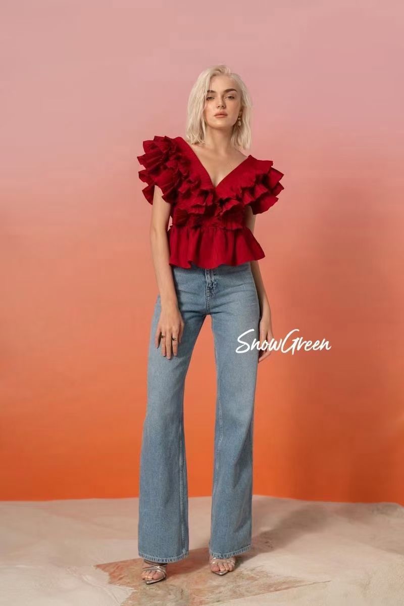 Women's Summer Red Flower Pleated Ruffled Western Blouses