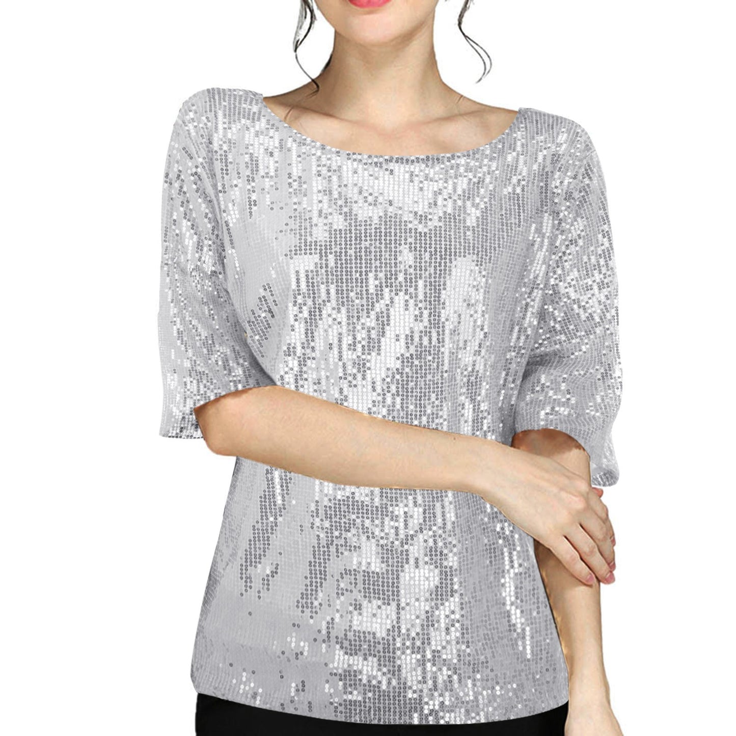 Women's Summer Sleeve Solid Color Sequin Sequined T-shirt Knitwear