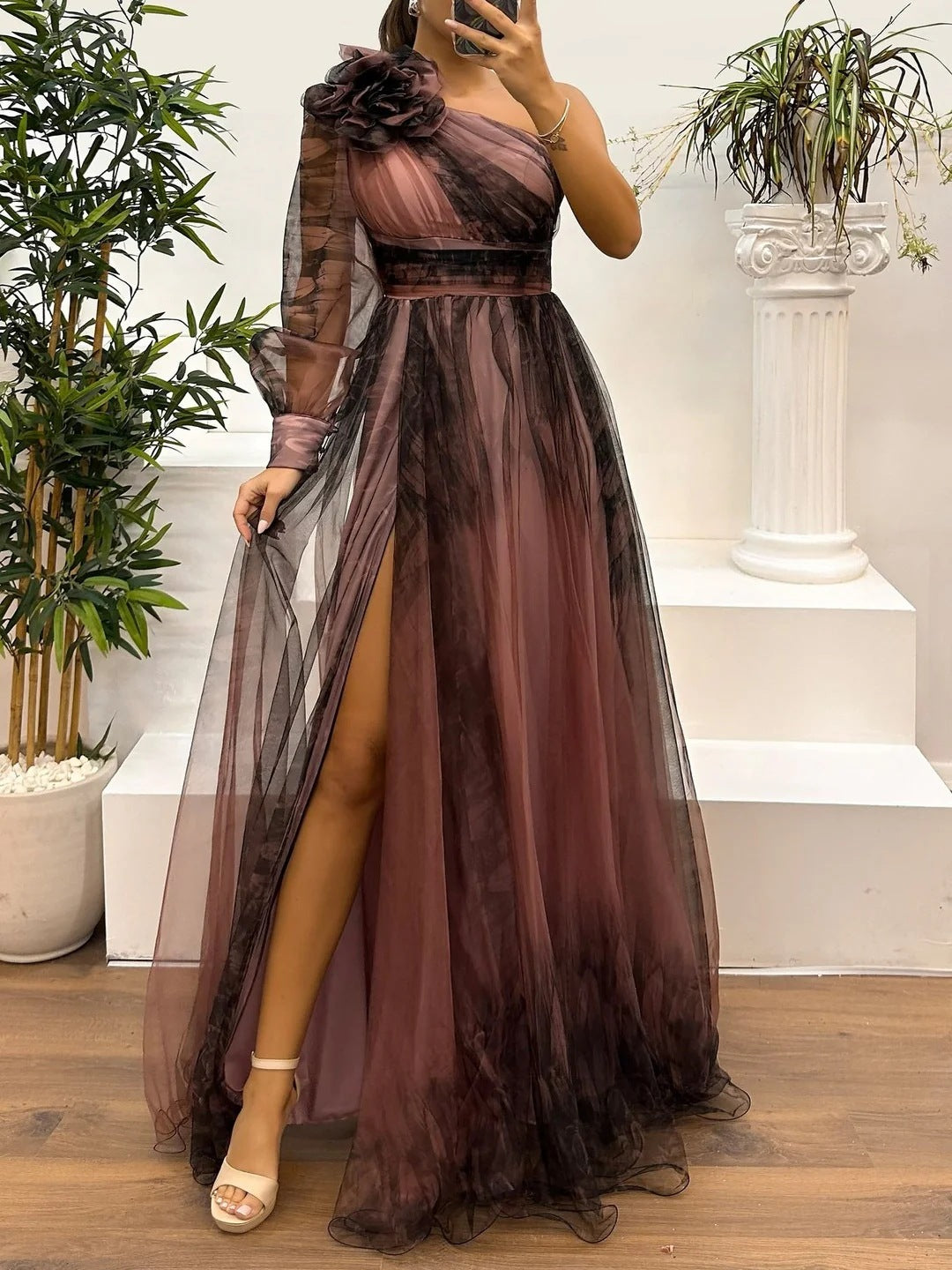 Oblique Shoulder Mesh Casual Loose Party Dresses